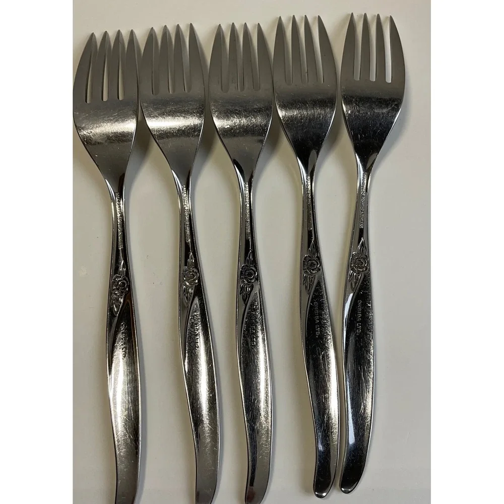 Oneida Wm A Rogers La Rose Salad Forks Vintage Stainless Steel Set of 5 Floral